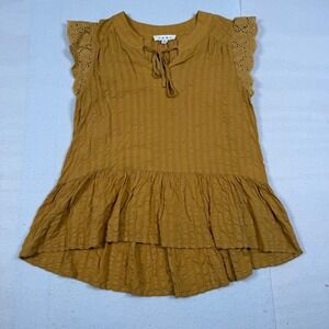 THML Mustard Yellow Seersucker Eyelet Lace Tie Neck Peplum Top XS JH1016-MS